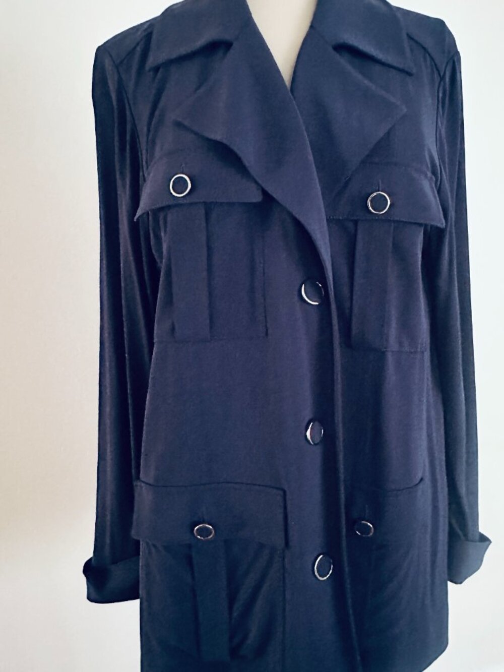 Lafayette 148 NY Navy Casual Button Up Topper Jacket Safari Style, Size Large